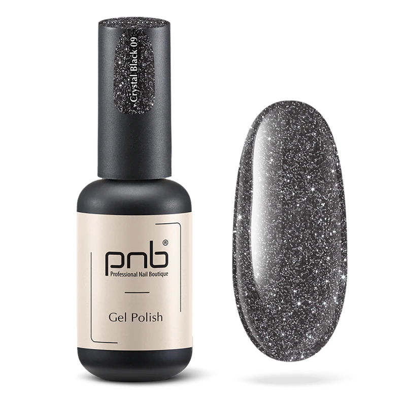 Гель-лак світловідбивний сірий PNB Crystal black №09 (8 мл), чорний флакон